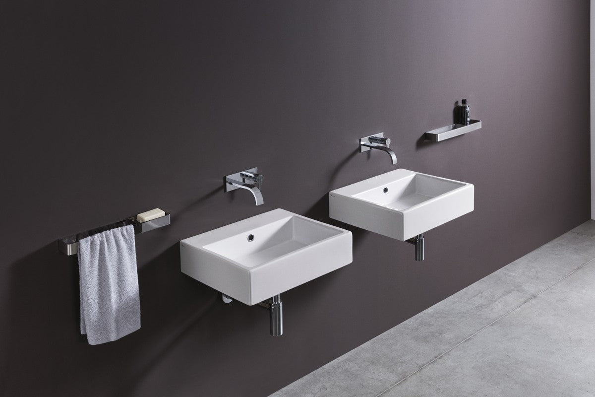 Lavabo 50,5x45 sospeso o da appoggio in ceramica con ambientato su piano bagno con accessori - Nic Design