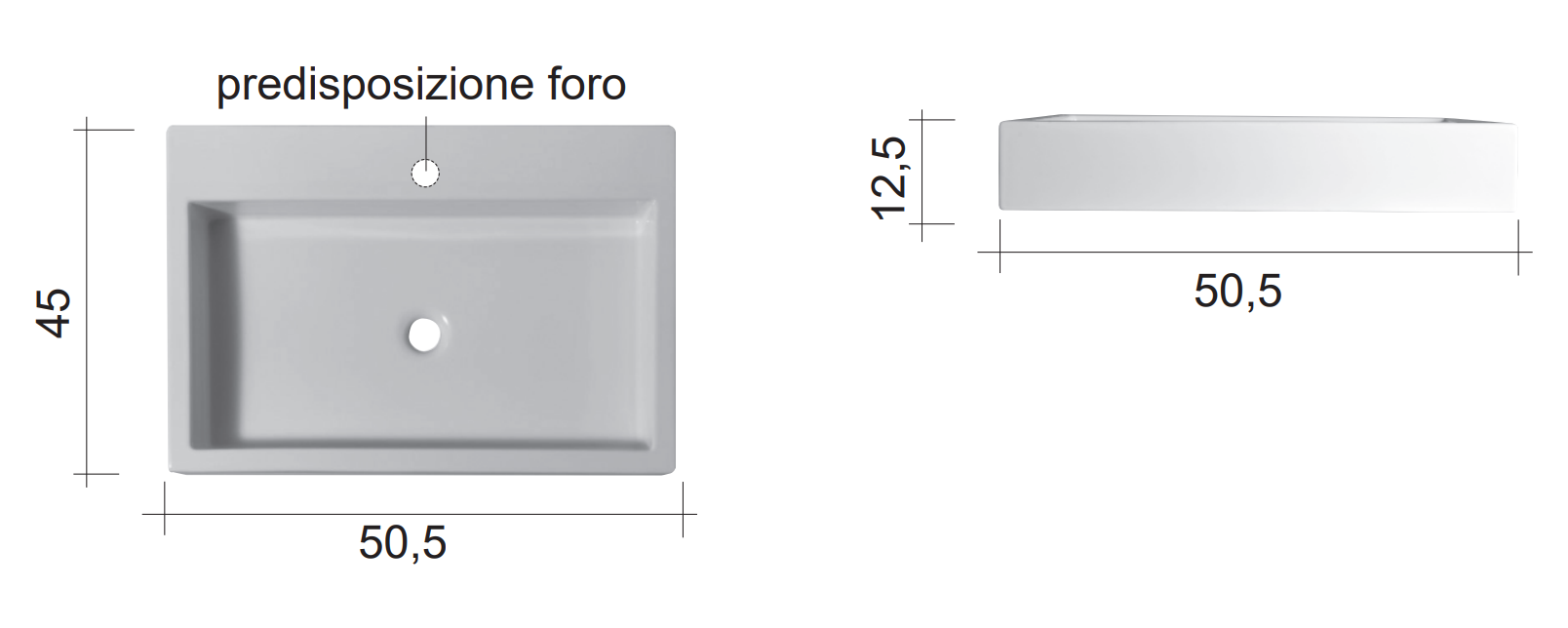 Lavabo 50,5x45 sospeso o da appoggio in ceramica con, vista laterale del profilo e della forma - Nic Design