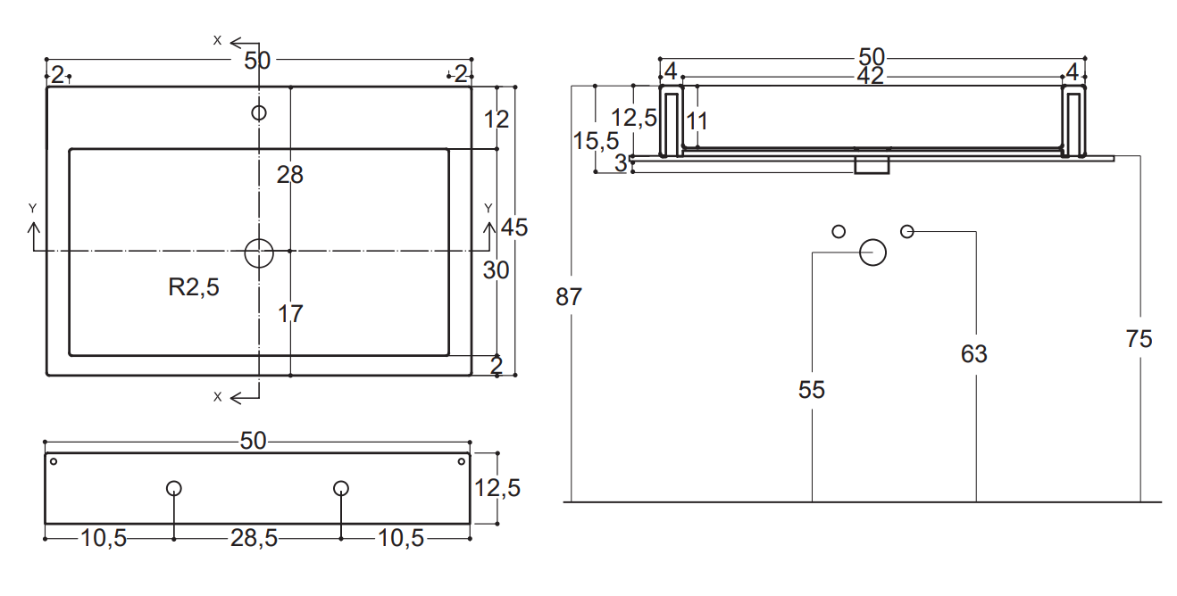 Lavabo 50,5x45 sospeso o da appoggio in ceramica con visto dall'alto con scarico e interno visibili - Nic Design