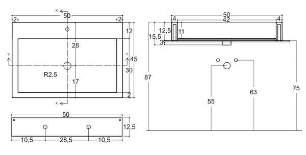 Lavabo 50,5x45 sospeso o da appoggio in ceramica con troppopieno Bianco Matt Cool 001246003 Nic