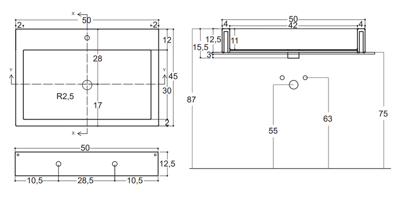 Lavabo 50,5x45 sospeso o da appoggio in ceramica con visto dall'alto con scarico e interno visibili - Nic Design