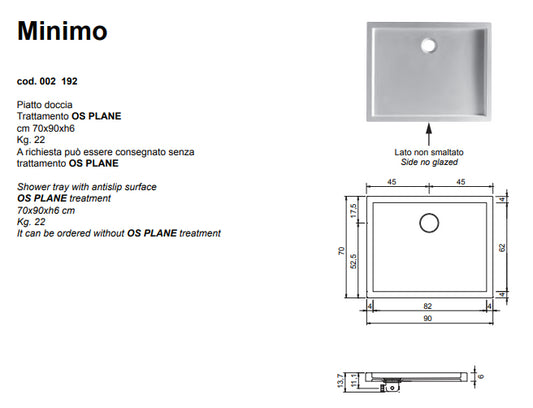 Minimo Piatto Doccia Antiscivolo 70x90 Bianco Lucido