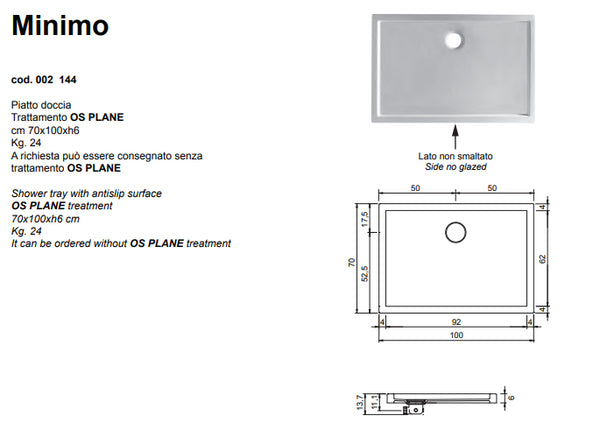 Minimo Piatto Doccia Antiscivolo 70x100 Bianco Lucido