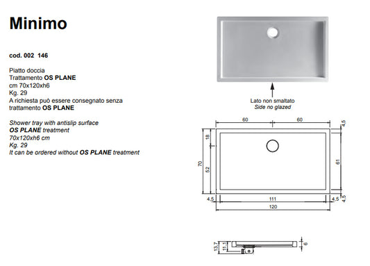 Minimo Piatto Doccia Antiscivolo 70x120 Nero Lucido