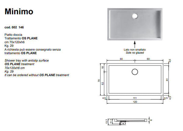 Minimo Piatto Doccia Antiscivolo 70x120 Nero Lucido