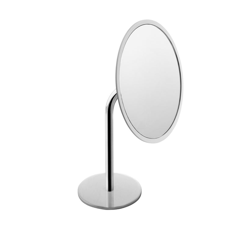 Specchio Ingranditore 20 cm da Appoggio cromo Bianco con lavabo e rubinetteria, vista frontale su sfondo neutro...