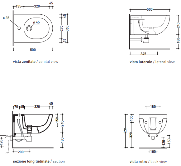 Bidet Sospeso 50x36xh24 Bianco Quick QK218 Ceramiche, vista laterale del profilo e della forma - Ceramica Flaminia