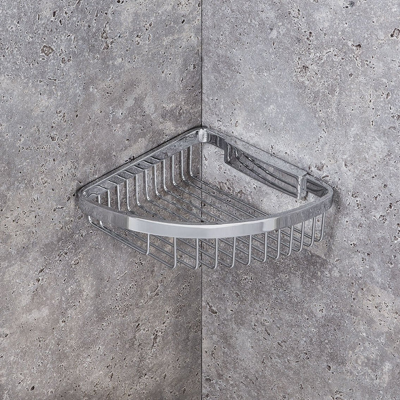 Colombo Design griglia portaoggetti angolare sganciabile in lucido installato in bagno moderno con ante in vetro temperato