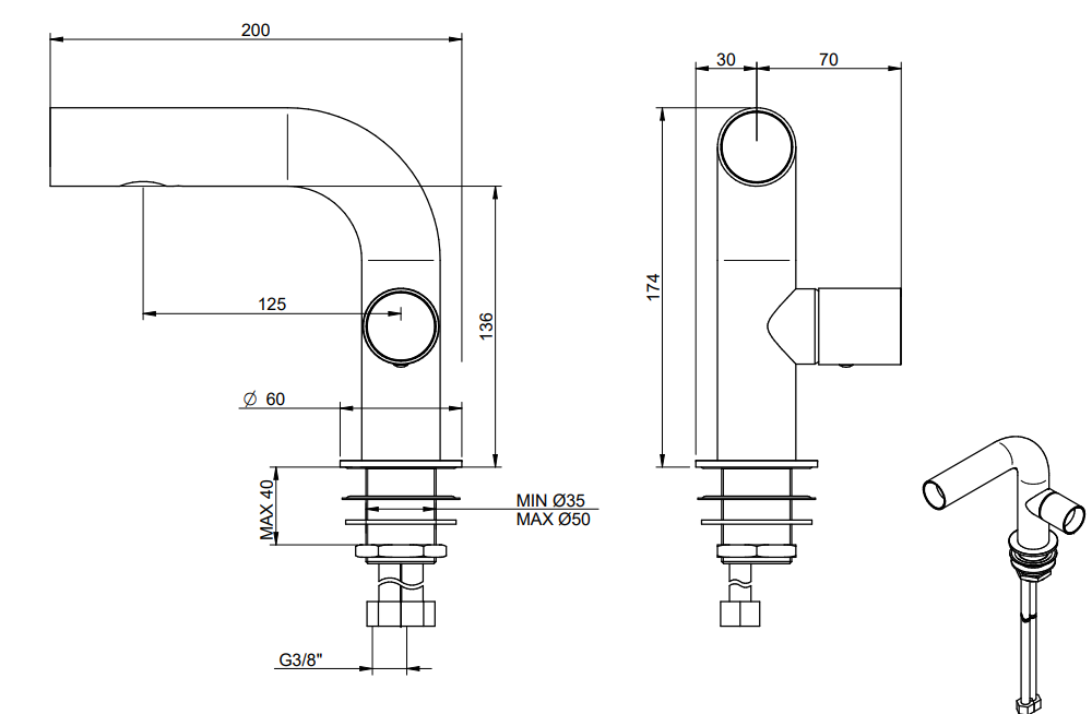 Treemme Watertube miscelatore lavabo 136mm inox satinato Acciaio, vista laterale del profilo e della forma - Rubinetterie...