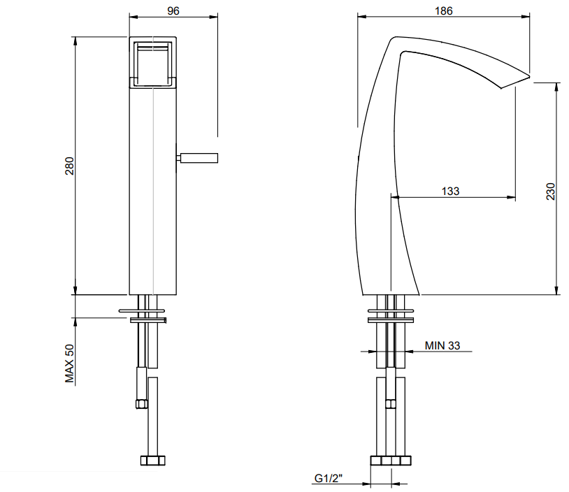 Treemme Arche miscelatore lavabo alto 230mm a cascata cromo Cromo Lucido visto dall'alto con scarico e interno visibili...