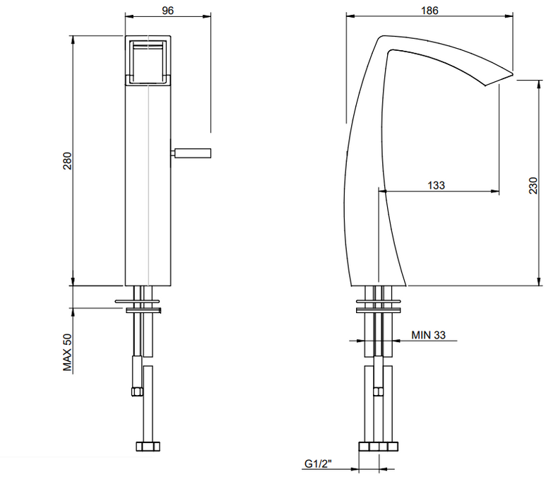 Treemme Arche miscelatore lavabo alto 230mm a cascata cromo Cromo Lucido visto dall'alto con scarico e interno visibili...