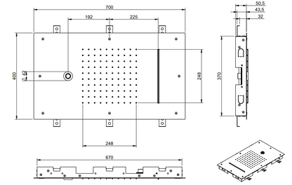 Treemme ITRTBR385IS soffione doccia 70x40 ad incasso con pioggia cascata e getto inox satinato