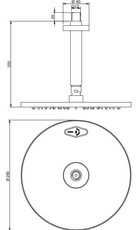 Disegno tecnico con quote di Treemme Los IT6587CCZZVS soffione 25 cm a soffitto con Cromo Lucido - Rubinetterie Treemme