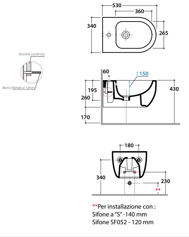 Globo Mode Bidet Sospeso in ceramica Bianco lucido visto dall'alto con scarico e interno visibili - Ceramica Globo