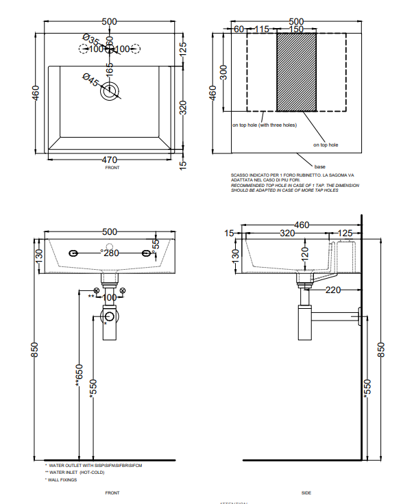 Cielo Smile lavabo 50x46 monoforo rettangolare sospeso o da, vista frontale su sfondo bianco