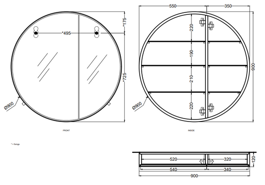 Cielo I Catini specchio contenitore 90 cm tondo con ripiani in vetro e struttura in legno nero matt