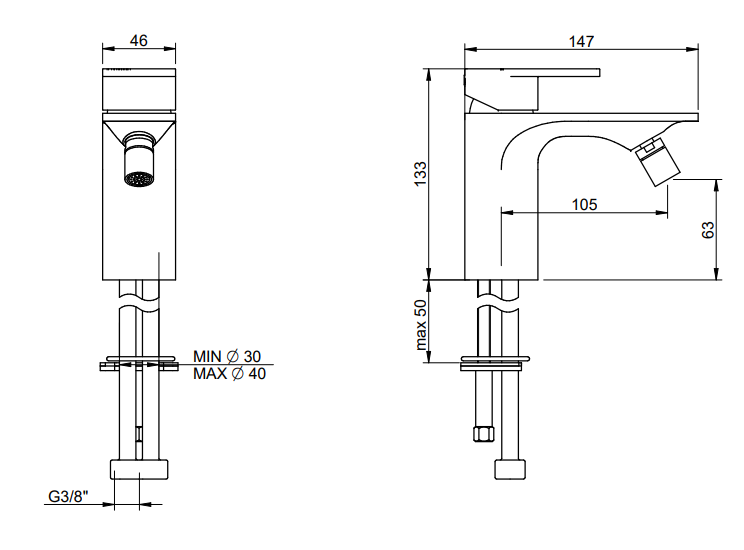 Disegno tecnico con quote di Treemme Ran IT2222CCRNZZ miscelatore monocomando bidet cromo Cromo Lucido - Rubinetterie Treemme