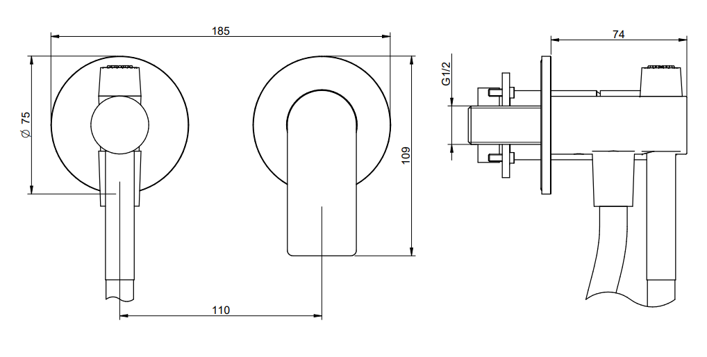 Disegno tecnico con quote di Treemme 3.6 idroscopino bidet e wc con miscelatore senza Acciaio - Rubinetterie Treemme