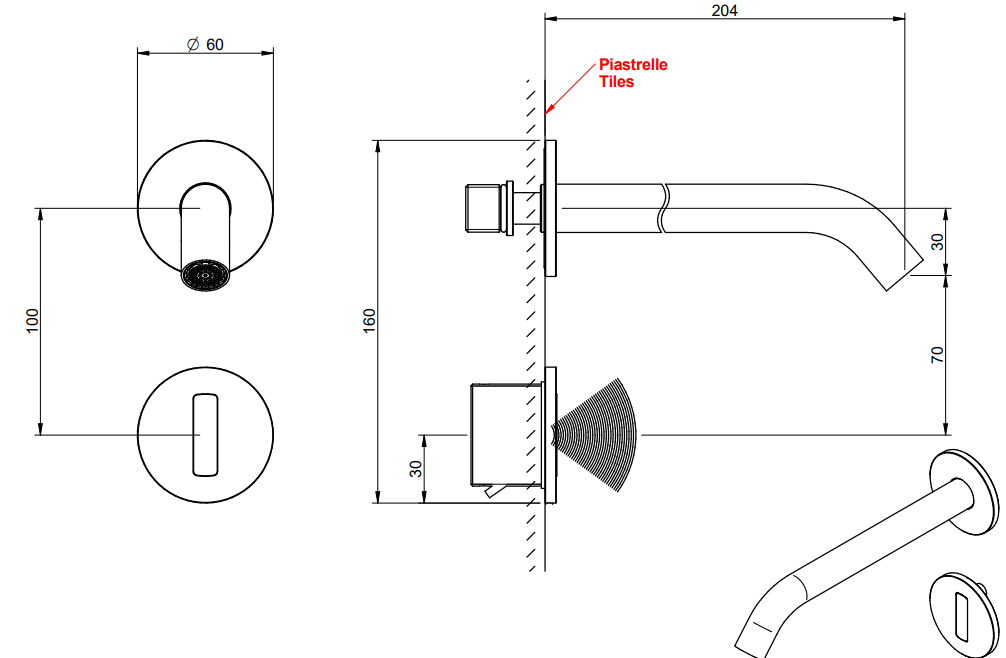 Treemme 40mm miscelatore lavabo elettronico a muro senza Acciaio, vista laterale del profilo e della forma - Rubinetterie...