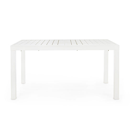 Andrea Bizzotto Hilde 140x77 tavolo allungabile bianco in alluminio e opaco ambientato in spazio living con arredi coordinati