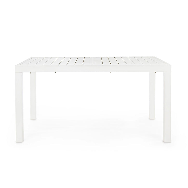 Andrea Bizzotto Hilde 140x77 tavolo allungabile bianco in alluminio e opaco ambientato in spazio living con arredi coordinati