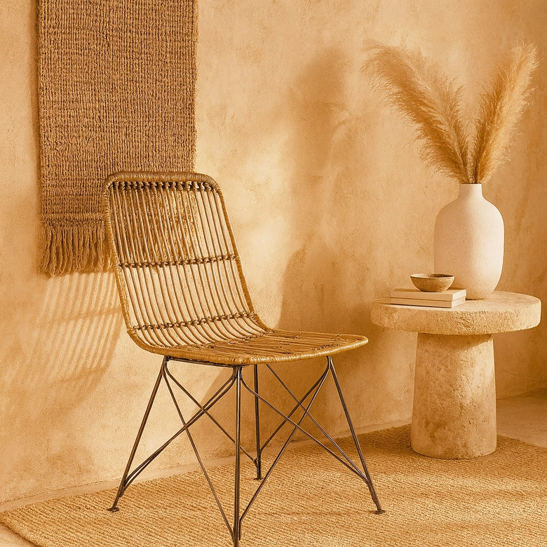 Andrea Bizzotto Lucila Sedia contemporanea in fibre in naturale ambientato in spazio living con arredi coordinati