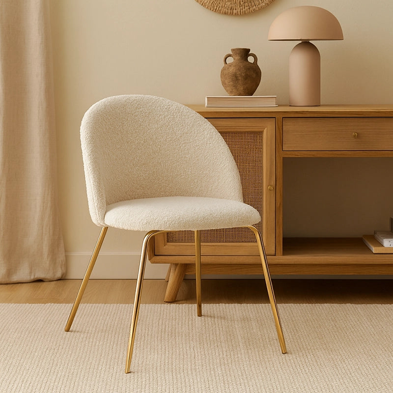 Andrea Bizzotto Tanya sedia effetto boucle avorio gambe oro ambientato in spazio living con arredi coordinati