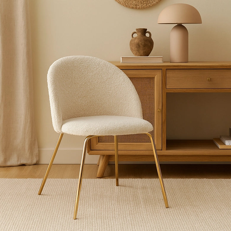 Andrea Bizzotto Tanya sedia effetto boucle avorio gambe oro ambientato in spazio living con arredi coordinati