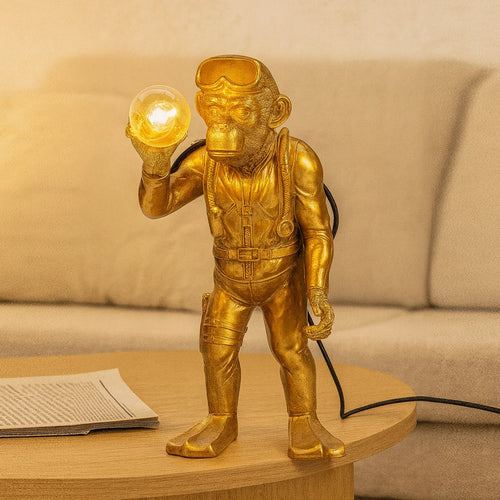 Animal Monkey lampada scimmia 50 cm in poliresina oro accesa in ambiente, design e diffusione della luce - Exagonshop