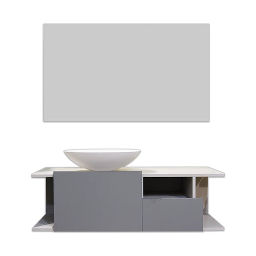 Antonio Lupi Nemesis 126x49 mobile bagno con lavabo e con lavabo e rubinetteria, vista frontale su sfondo neutro...