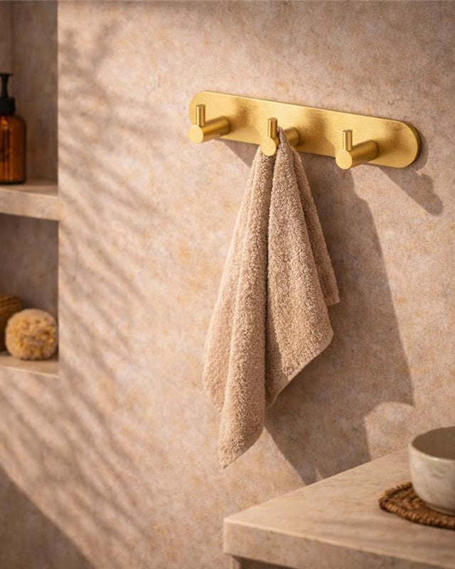 Appendino bagno triplo oro spazzolato Minimal montato a parete, vista del design e della finitura - Exagonshop
