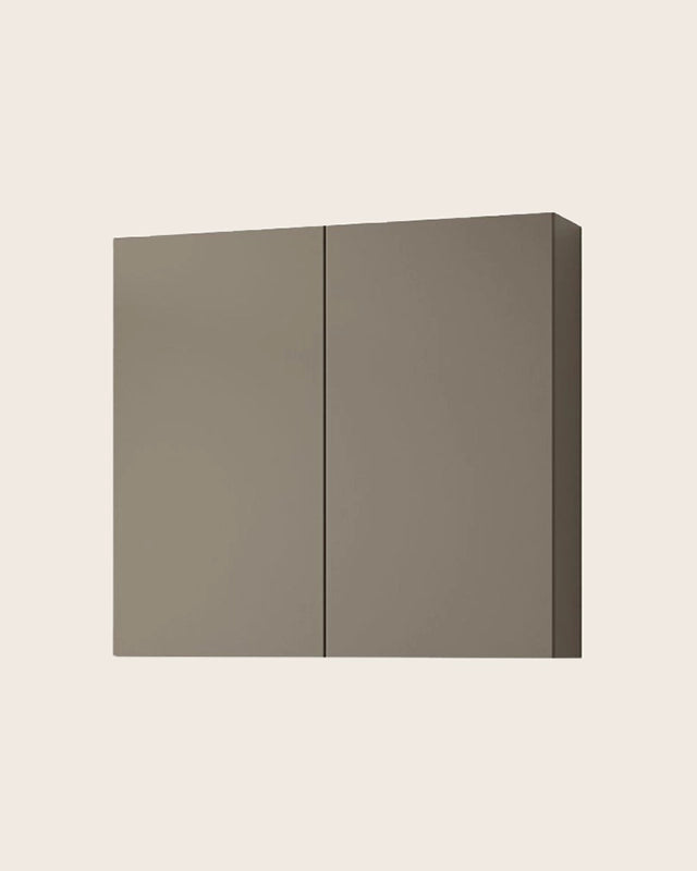 Armadietto bagno 70x71 tortora opaco con ripiani in vetro con lavabo e rubinetteria, vista frontale su sfondo neutro...