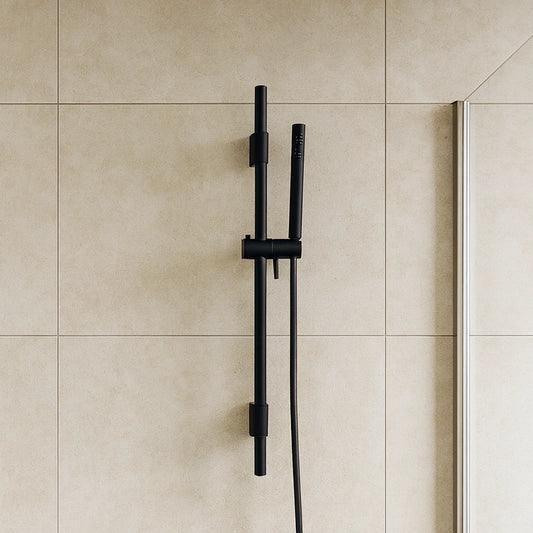 Asta doccia con saliscendi doccetta tonda in ottone e flessibile in pvc nero opaco
