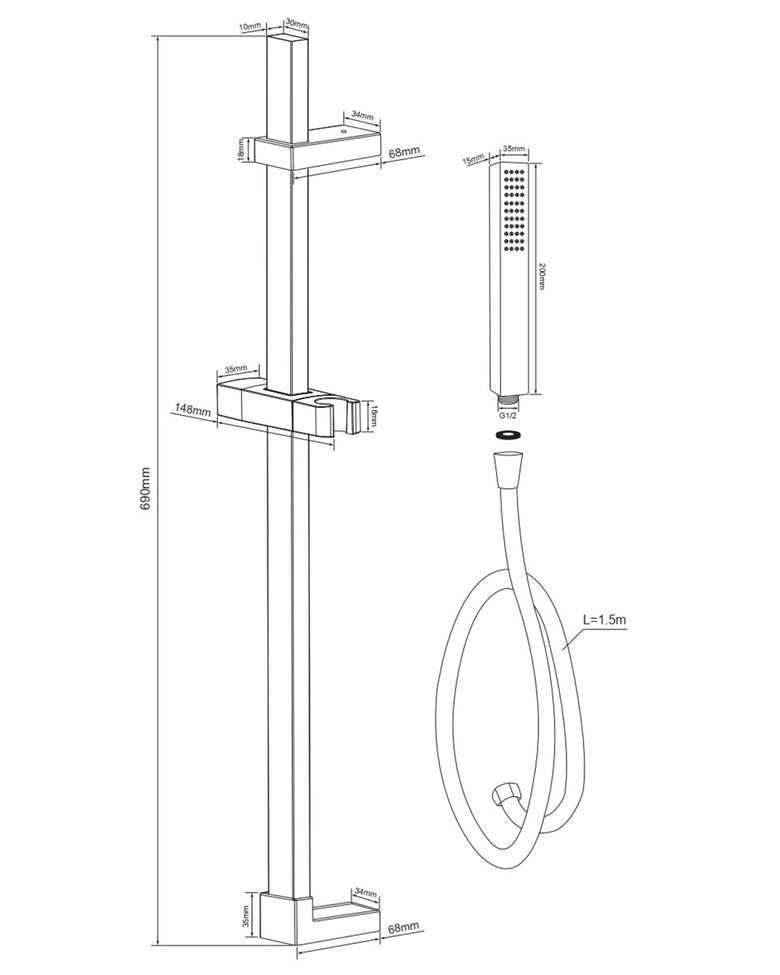 Asta doccia 69 cm Smart quadra con saliscendi doccetta quadra in ottone cromo – vista 4
