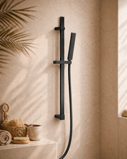 Asta doccia quadra con saliscendi in ottone nero opaco