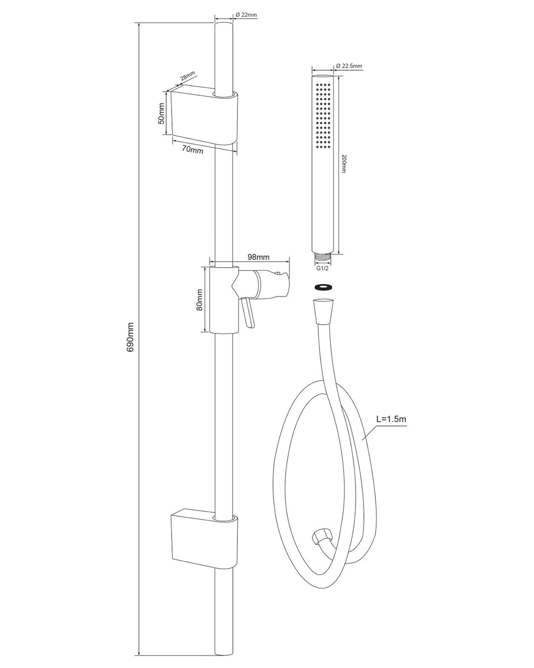 Asta doccia 69 cm Smart tonda con saliscendi tonda in ottone cromo