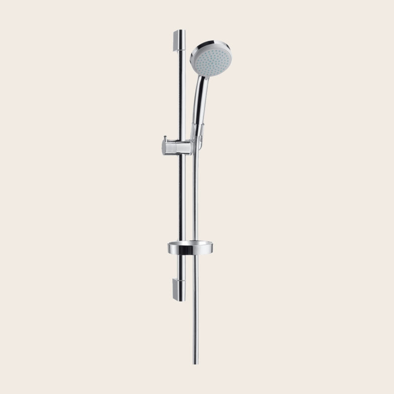 Asta vasca doccia 65 cm Vario con portasapone Hansgrohe Cromo, vista frontale della maniglia e della bocca di erogazione