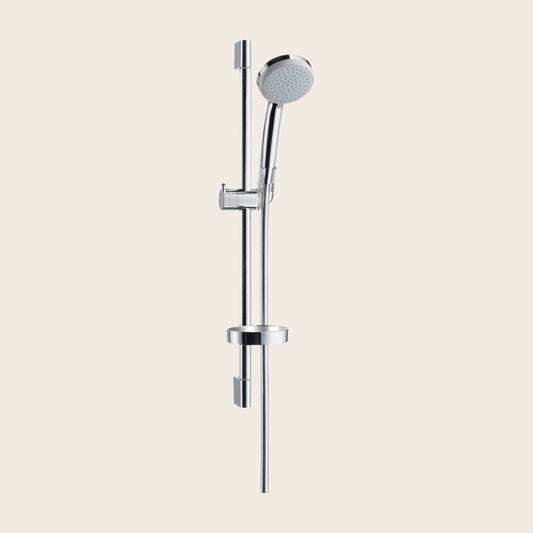 Asta vasca doccia 65 cm Vario con portasapone Hansgrohe Cromo, vista frontale della maniglia e della bocca di erogazione