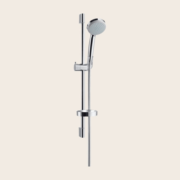 Asta vasca doccia 65 cm Vario con portasapone Hansgrohe Cromo, vista frontale della maniglia e della bocca di erogazione