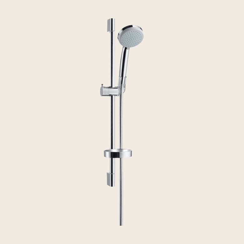 Asta vasca doccia 65 cm Vario con portasapone Hansgrohe Cromo, vista frontale della maniglia e della bocca di erogazione