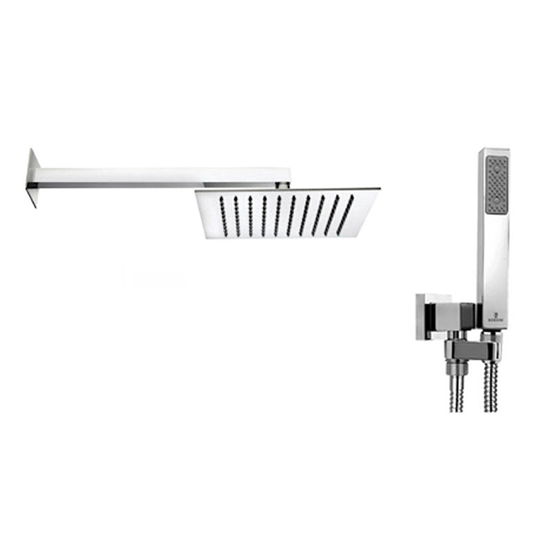 Bossini kit soffione 25x25 con doccetta in ottone cromo in cromato, vista frontale della maniglia e della bocca di erogazione