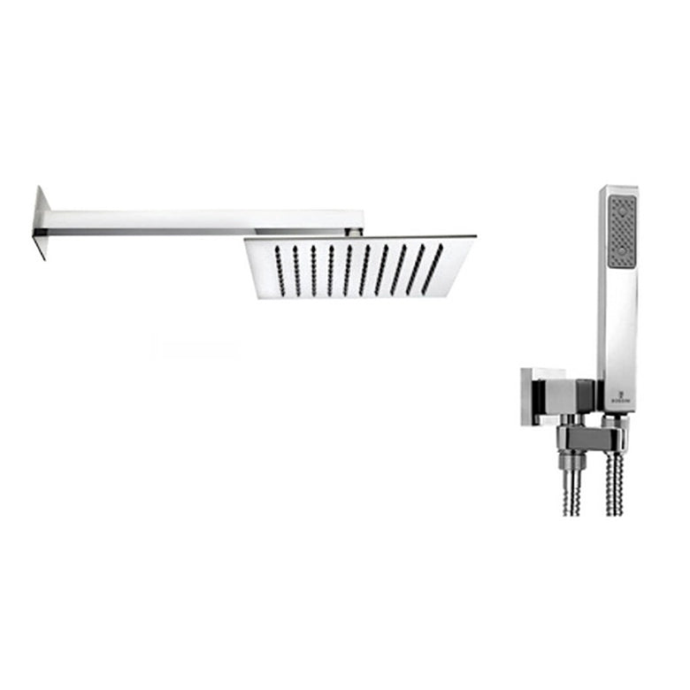 Bossini kit soffione 25x25 con doccetta in ottone cromo in cromato, vista frontale della maniglia e della bocca di erogazione
