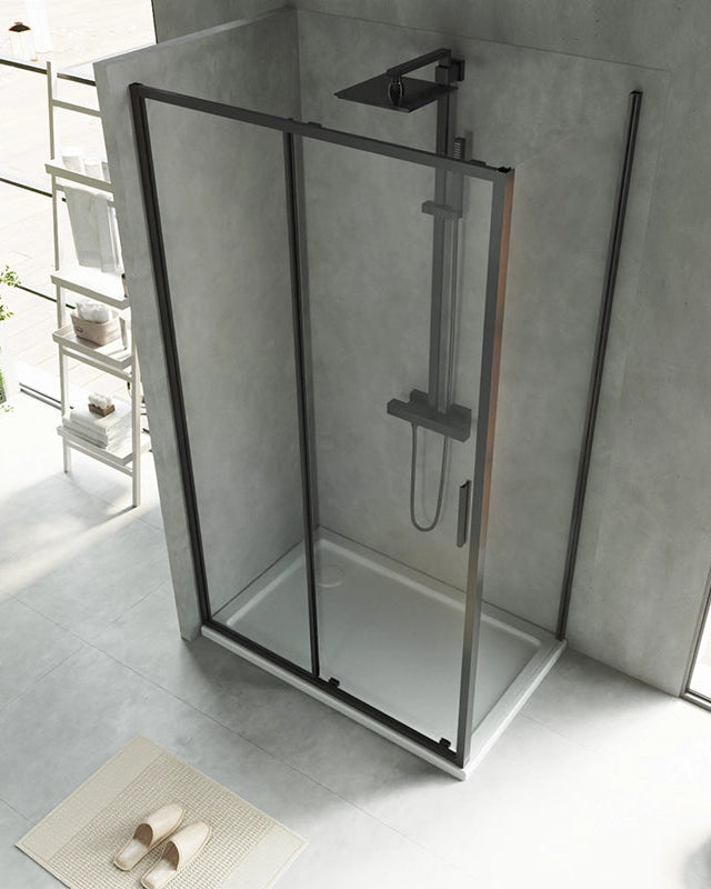 Box doccia 120x70 Rio un anta scorrevole vetro 6 mm installato in bagno moderno con ante in vetro temperato - Exagonshop
