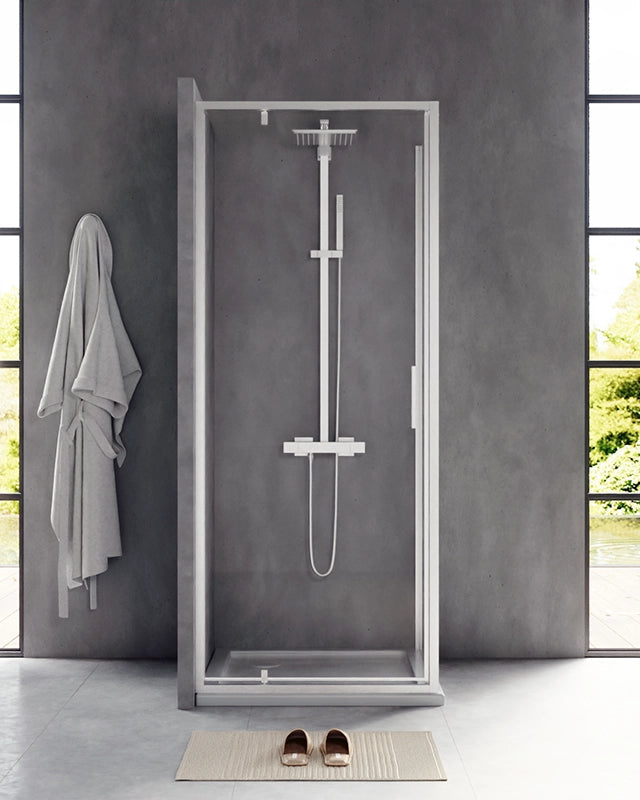 Box doccia 80x80 Rio a pivot vetro 6 mm trasparente H 195, dettaglio dei profili e delle cerniere in alluminio - Exagonshop