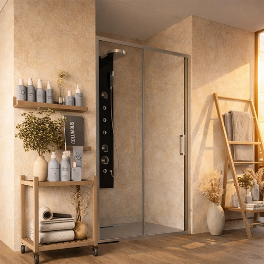Box doccia 120 cm nicchia Marsiglia scorrevole reversibile in naturale installato in bagno moderno con ante in vetro...