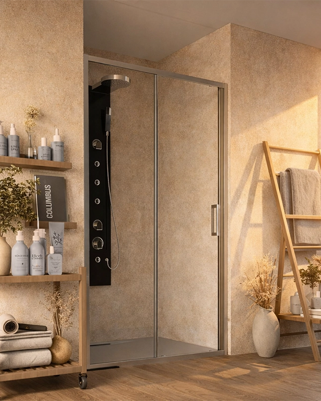 Box doccia 120 cm nicchia Marsiglia scorrevole reversibile in naturale installato in bagno moderno con ante in vetro...