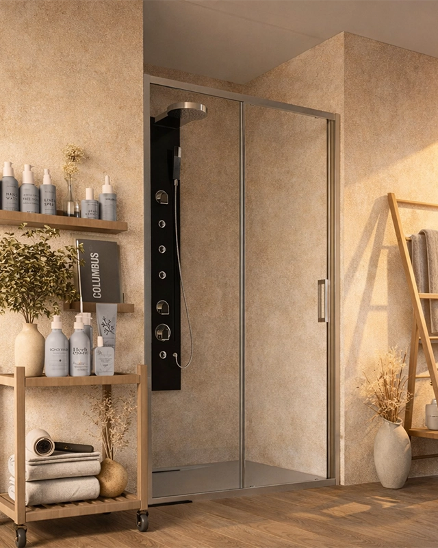 Box doccia 140 cm nicchia Marsiglia uno scorrevole in naturale installato in bagno moderno con ante in vetro temperato...