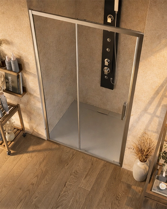 Box doccia 140 cm nicchia Marsiglia uno scorrevole, dettaglio dei profili e delle cerniere in alluminio - Exagonshop