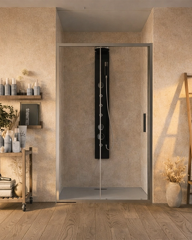 Box doccia 140 cm nicchia Marsiglia uno scorrevole in bagno completo, vista d'insieme dell'ambiente - Exagonshop