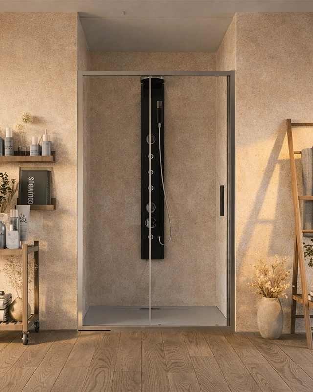 Box doccia 160 cm nicchia Marsiglia uno scorrevole in bagno completo, vista d'insieme dell'ambiente - Exagonshop
